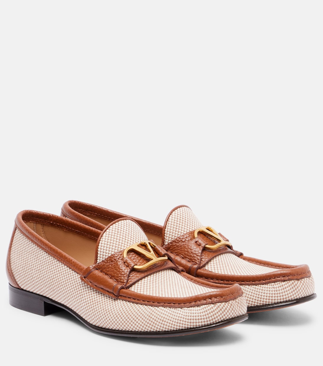 Loafers из кожи и ткани с логотипом V Valentino Garavani, NATURALE-TOBACCO/SELLERIA
