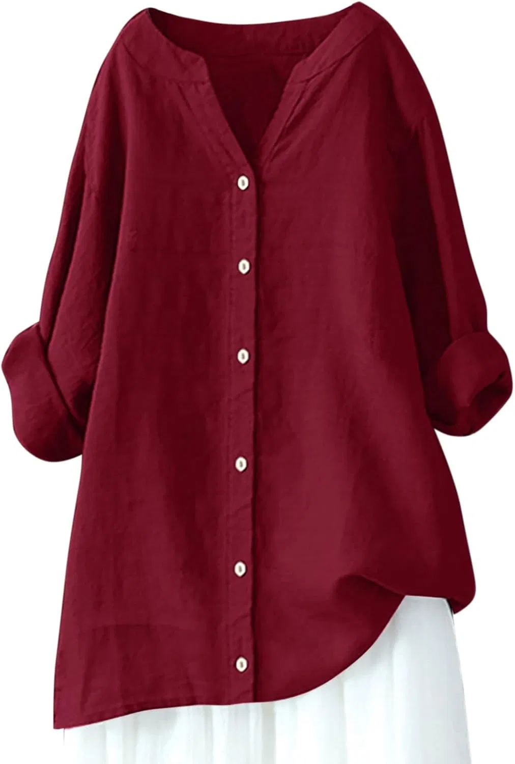 Блуза с V-образным вырезом, Oversized Women Loose Button Down Blouse, красный — фото 2