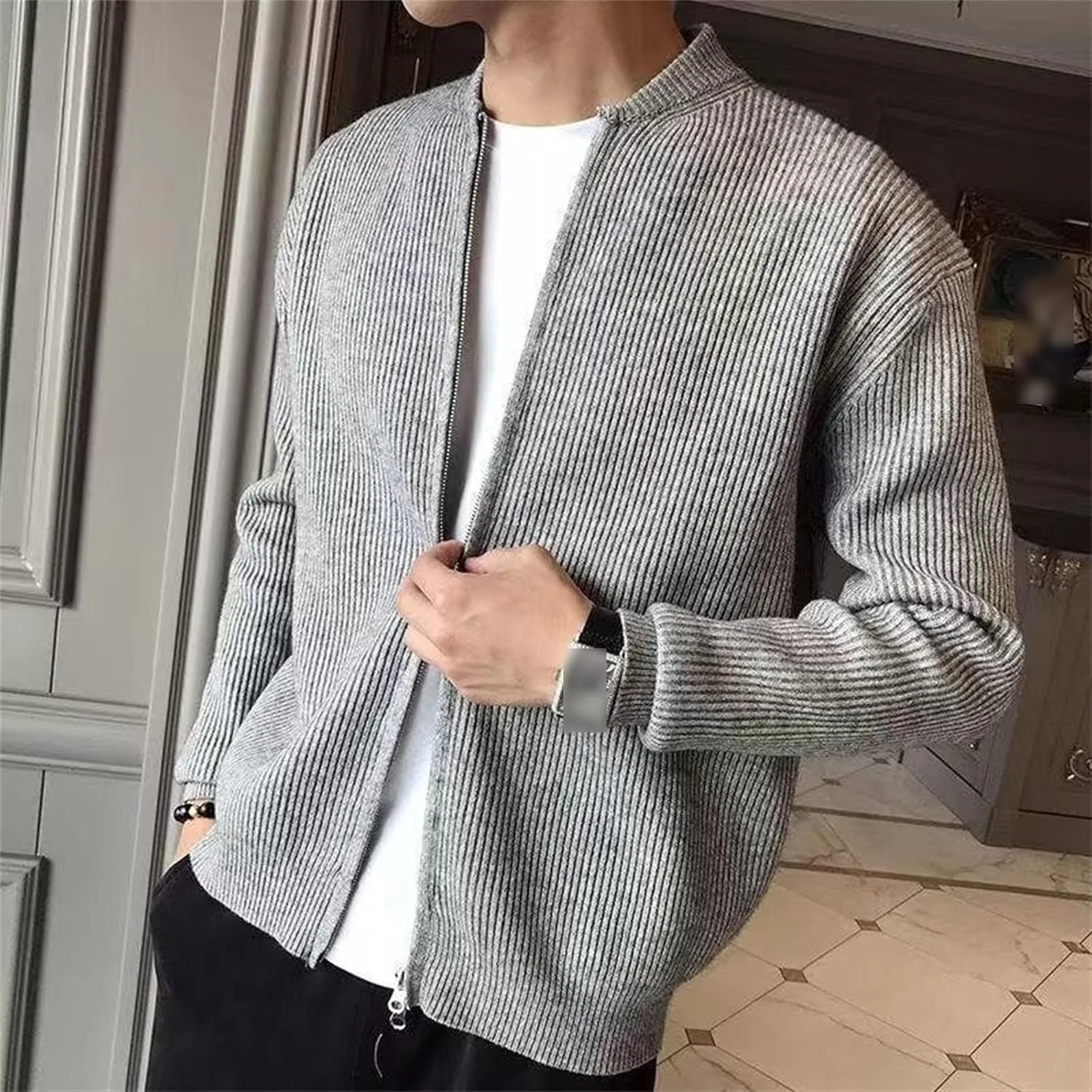 Мужской кардиган с круглым воротником и молнией Slim Fit — фото 2