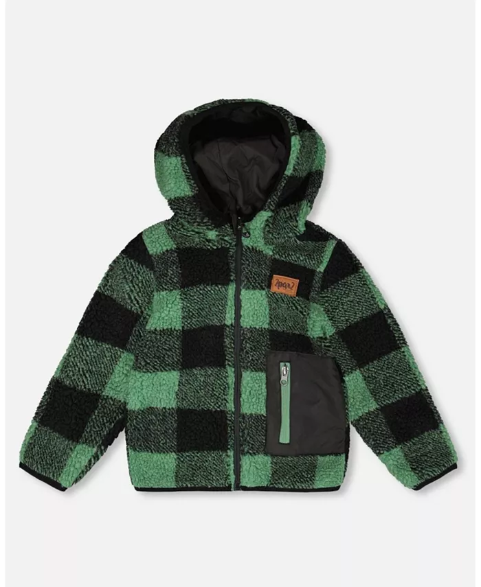 

Детская унисекс двусторонняя куртка из шерпы, демисезонная, в бирюзовую клетку Deux par Deux, синий