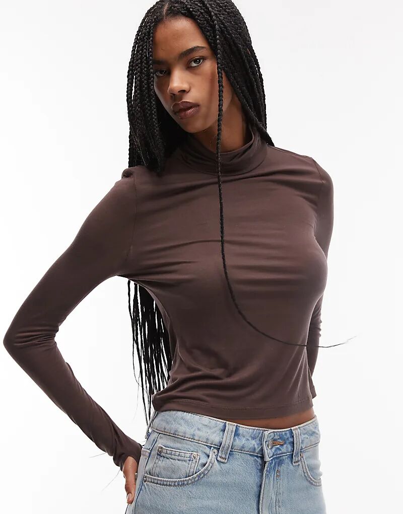 

Полупрозрачный лонгслив ASOS DESIGN с воротником-стойкой и длинными рукавами, облегающий фигуру, шоколадного цвета