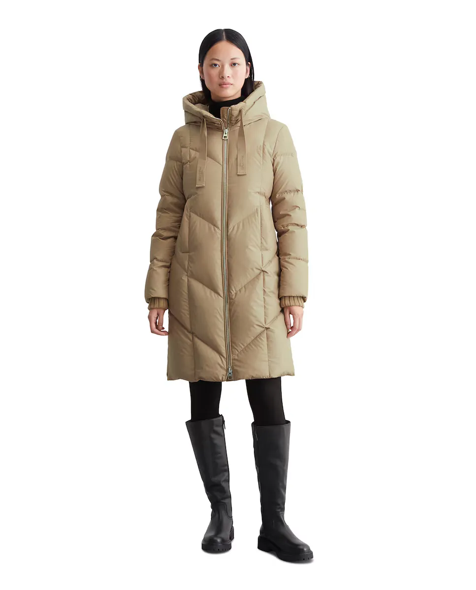 

Длинный женский пуховик с капюшоном и водоотталкивающей поверхностью MARC O'POLO, светло-коричневый
