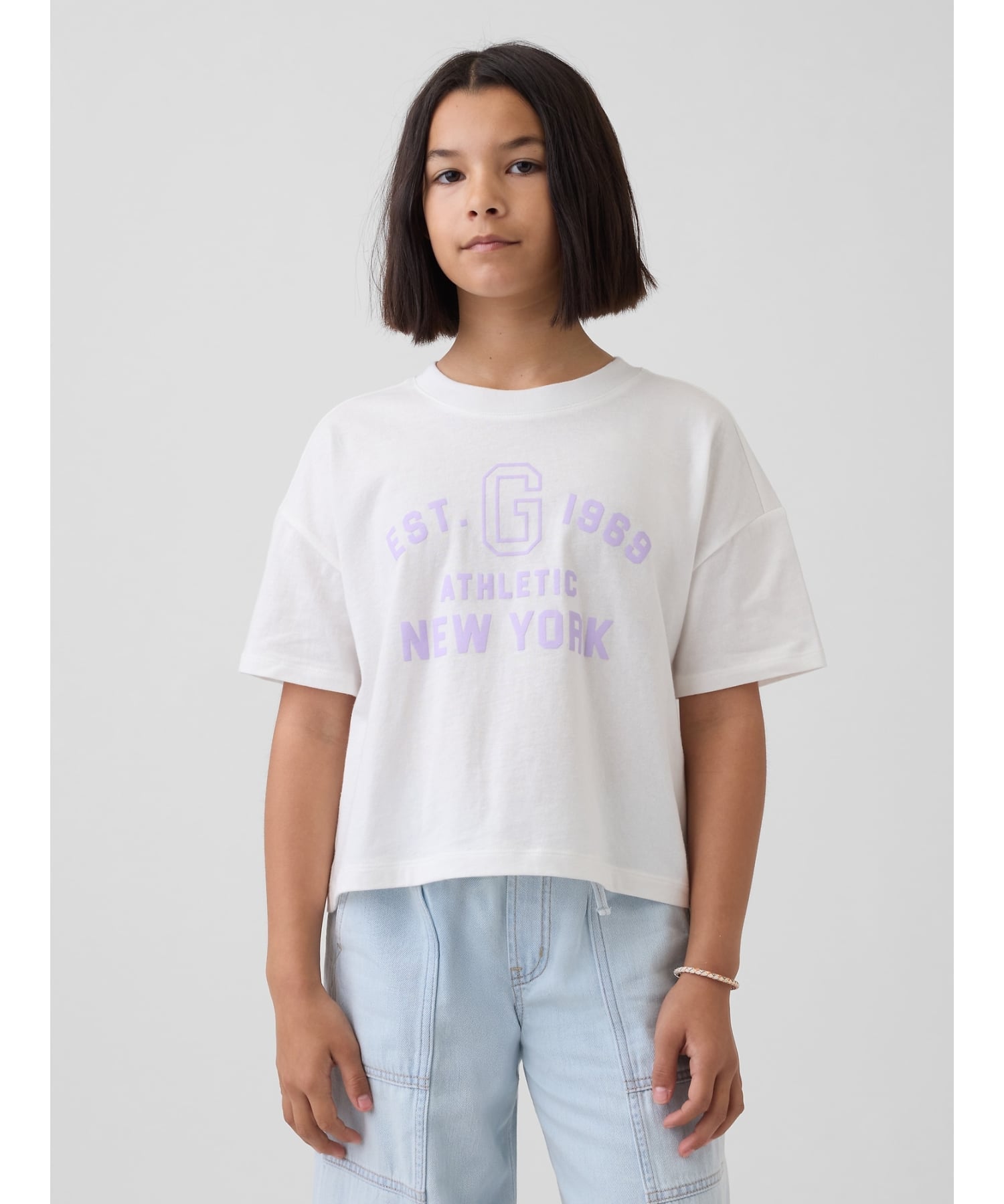 (K) Укороченная футболка оверсайз с логотипом GAP (детская), NEW_OFF_WHITE