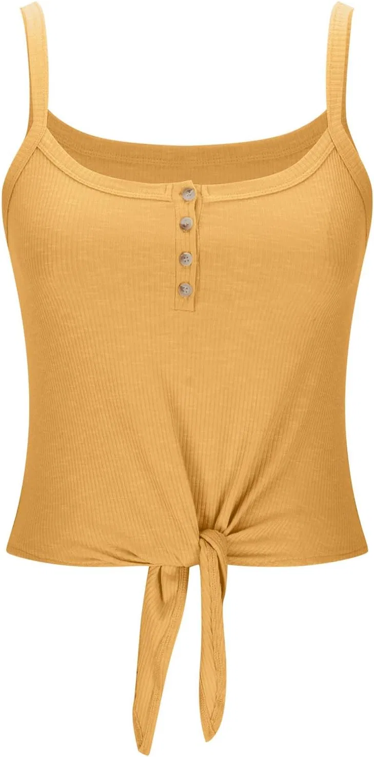 Generic Classic Round Neck Henley Shirts for Women Button Down Sleeveless Beach Holiday Tops 2025 Summer Fashion T-Shirts, желтый — фото 3