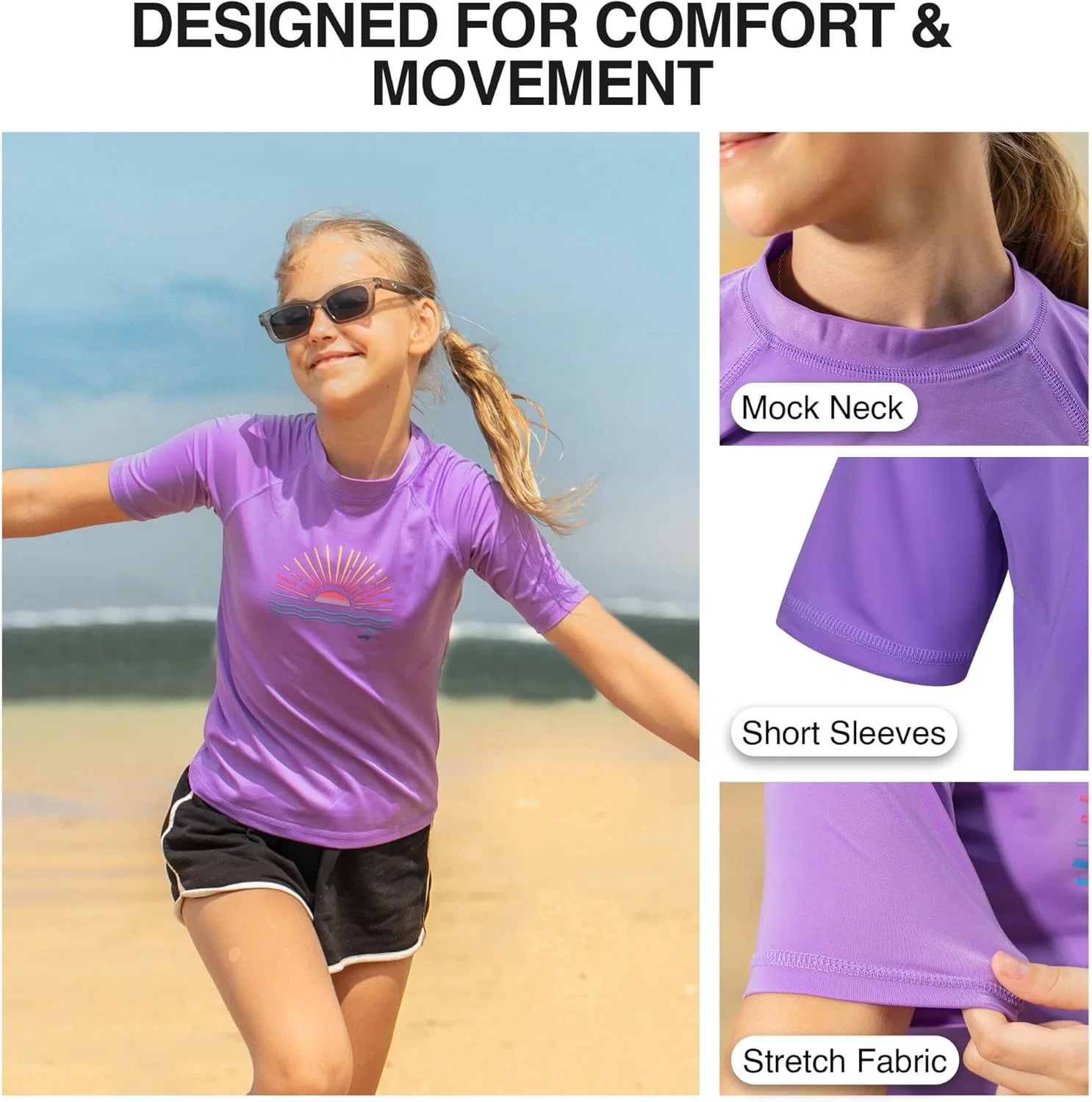 Футболка для плавания с коротким рукавом Kanu Surf Girls' Karlie Rash Guard UPF 50+ с защитой от солнца, Cori Neon Purple — фото 4