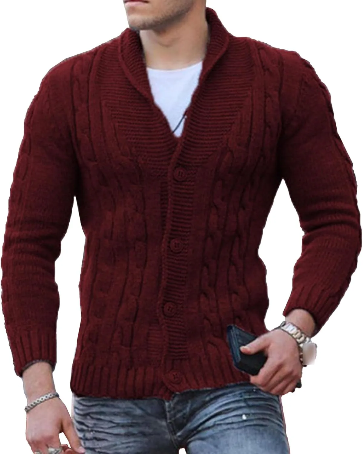 

Кардиган мужской V-образный вырез с воротником-шалью SWJGLITTR