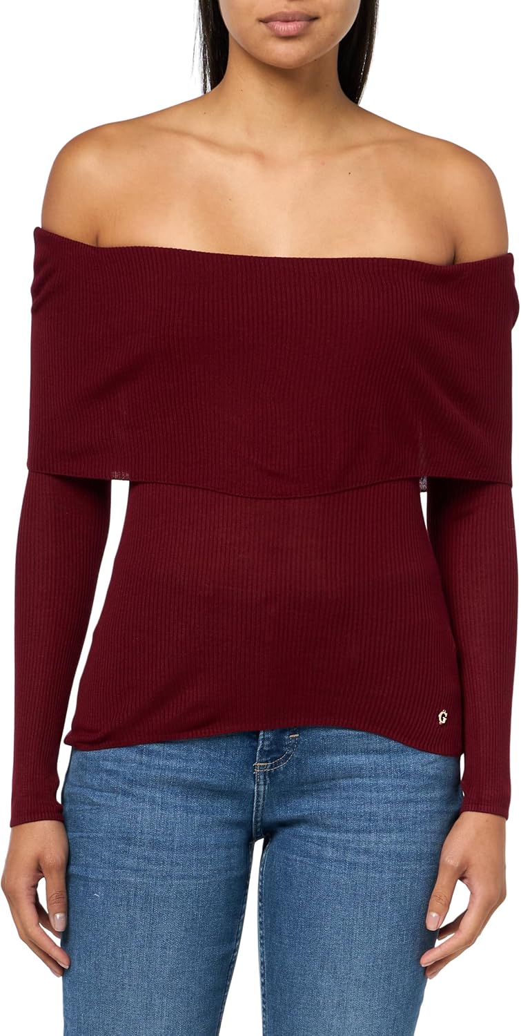 

Женский свитер GUESS Eco с длинными рукавами и открытыми плечами, модель Melanie, выполненный из ребристой ткани, Siren Red Multi