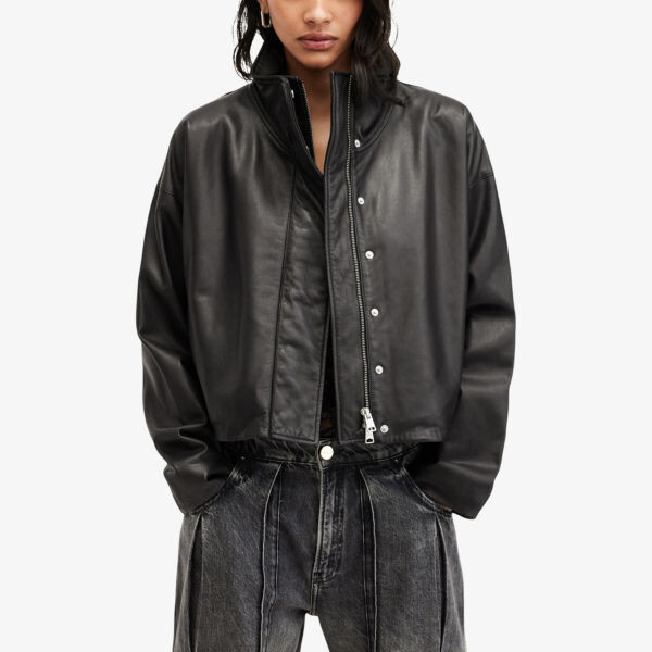 Кожаная куртка свободного кроя Ryder с воротником-трубой Allsaints, черный — фото 3