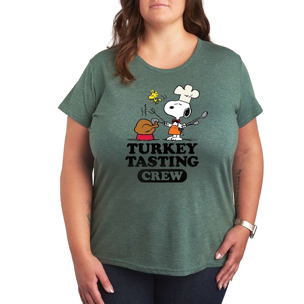 

Футболка с рисунком Plus Peanuts Snoopy and Woodstock Turkey Tasting Crew Licensed Character, цвет Heather Green