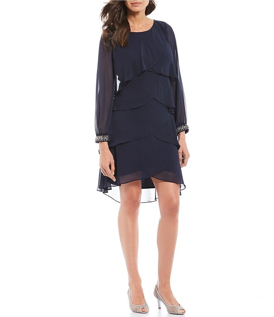 

Многоярусное платье Ignite Evenings из шифона со стразами и манжетами с длинными рукавами, синий