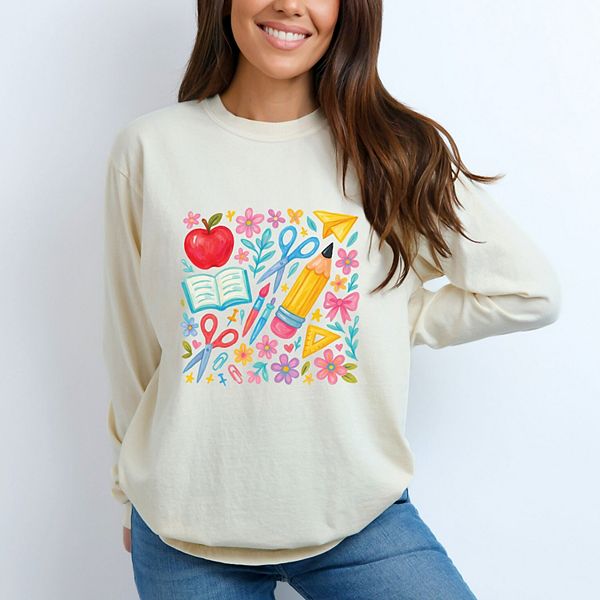 

Водолазка женская garment dyed с длинным рукавом Watercolor teacher apple collage Simply Sage Market, Ivory