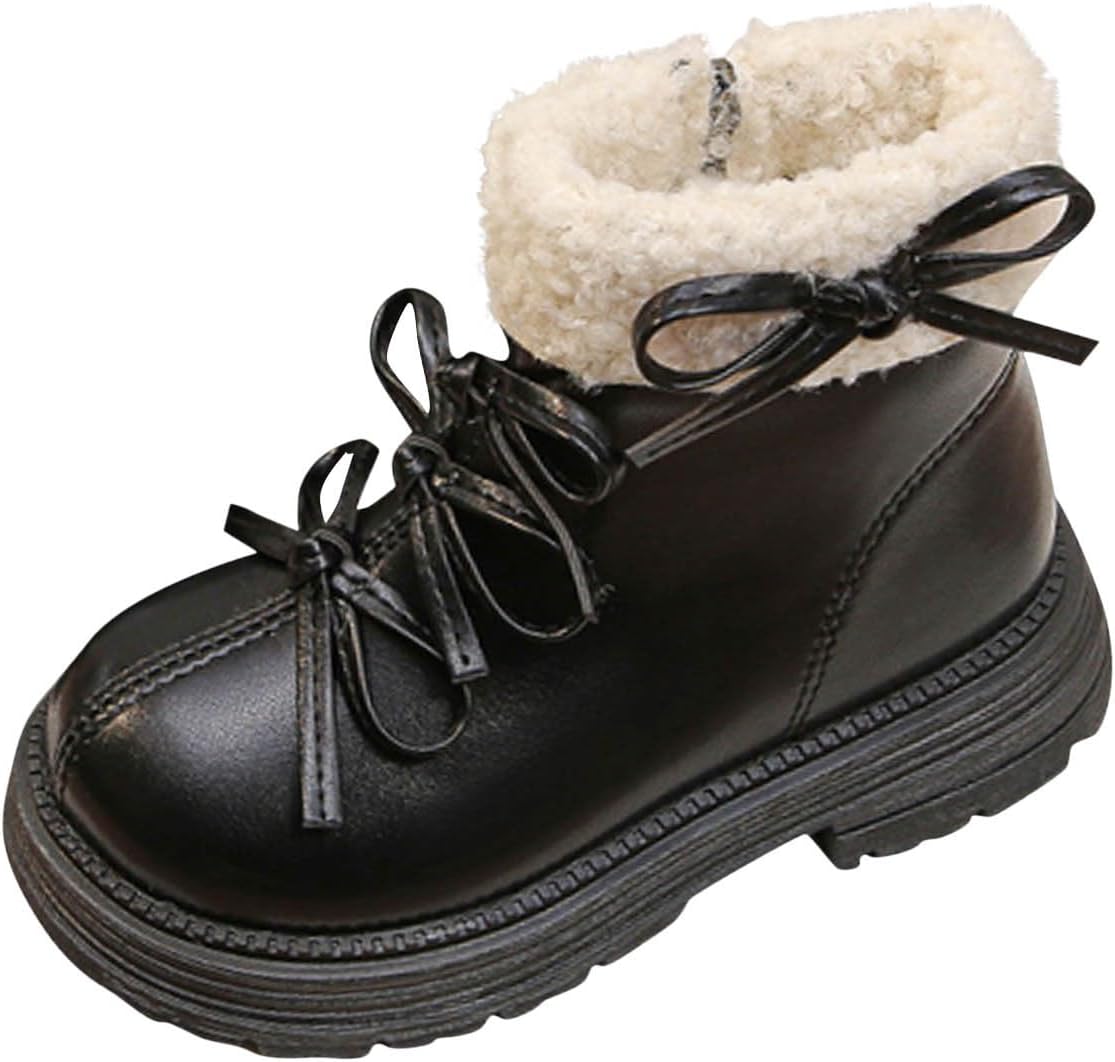 

Детские кожаные ботинки для девочек 3,5-10Т, зимние, с теплым флисовым и шерпа подкладкой, молния сбоку, с нескользящей подошвой, с круглым носком и бантиком Generic, Black