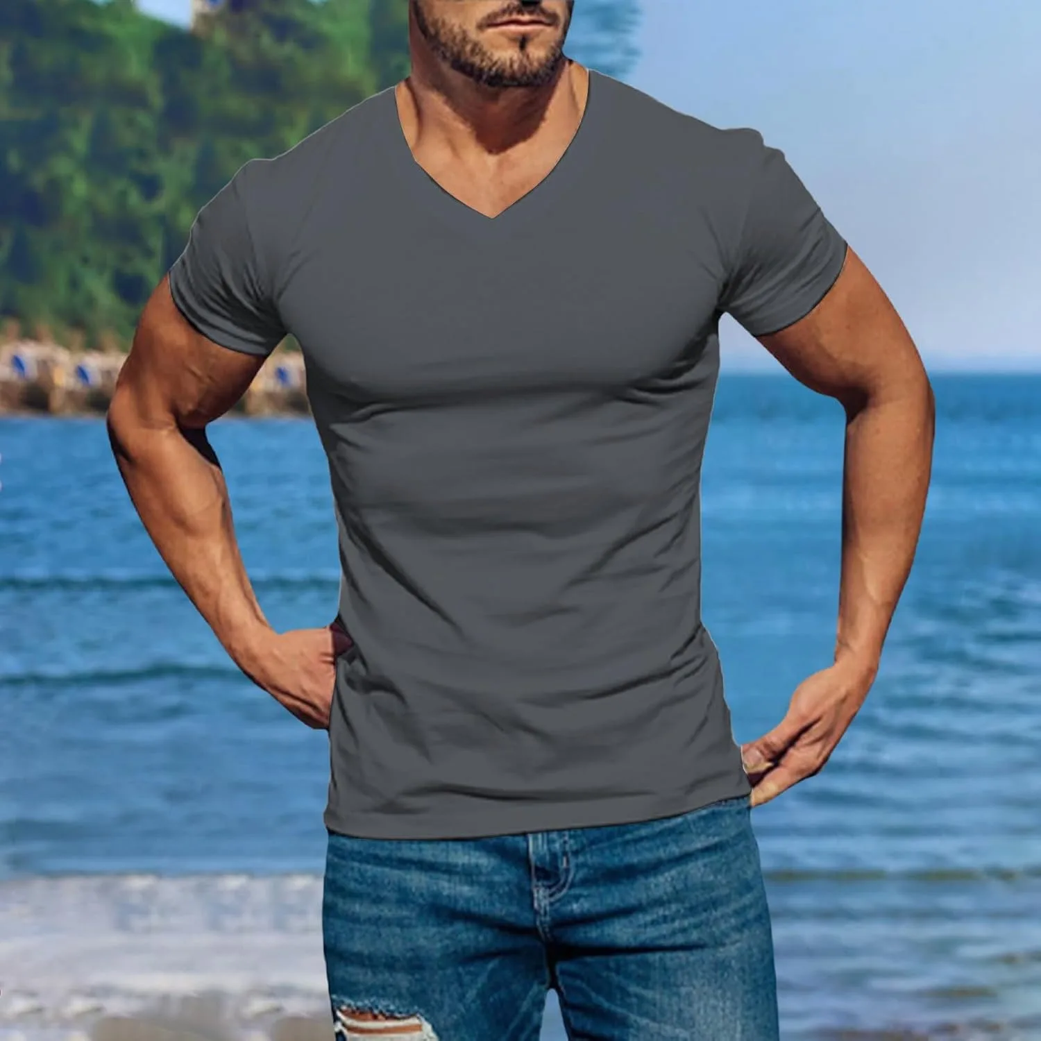 Мужская майка V-образного выреза с коротким рукавом, легкая, быстросохнущая — фото 2