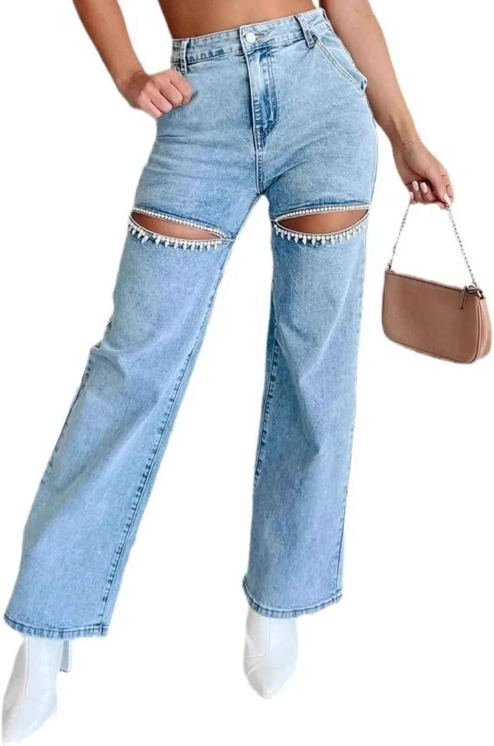 

Женские джинсы с высокой талией, свободные, рваные, с пайетками, блестящие, широкие, прямые Sufedffd