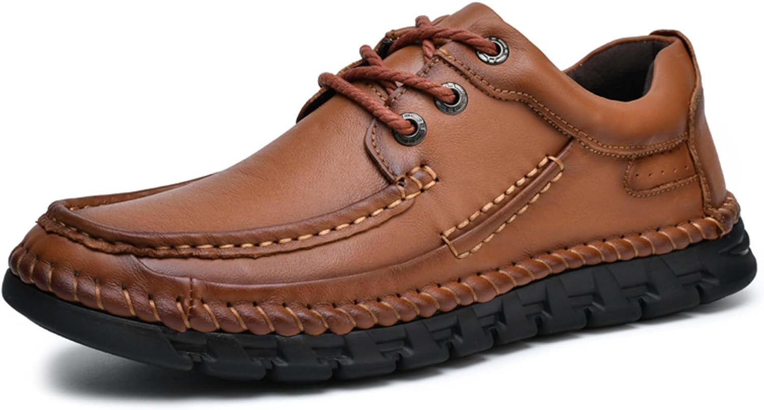 

Мужские премиальные прогулочные туфли из первой прослойки телячьей кожи, плоские повседневные туфли, повседневные лоферы для мужчин, кожаные кроссовки, обувь для вождения, ручная прошивка, два варианта застежки Generic, коричневый