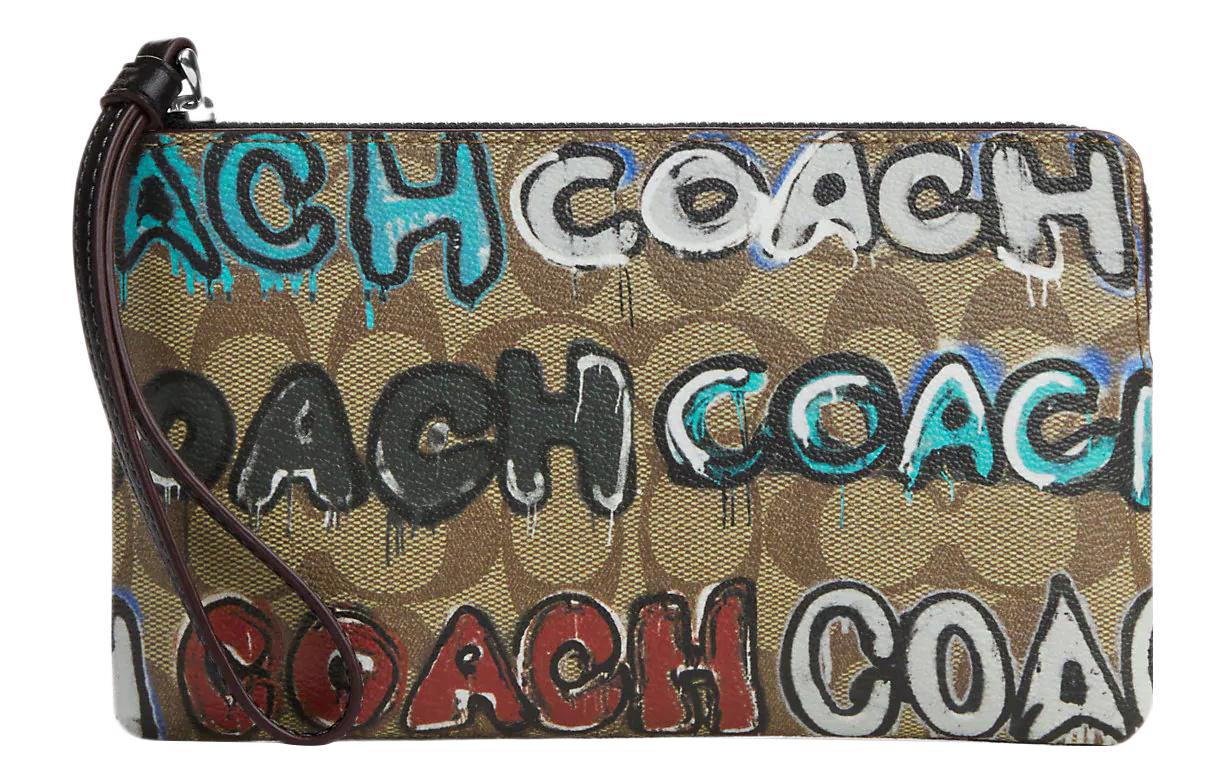 

Сумка на запястье клатч малая женская цвета хаки COACH Mint+Serf Corner Zip Collaboration из холста с кожаными деталями