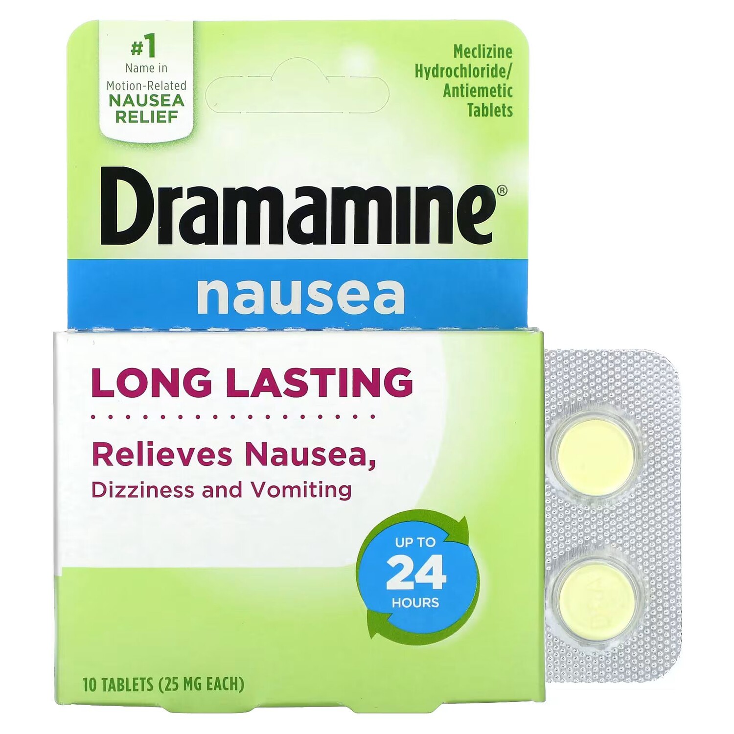 

Драмин, От тошноты, длительного действия, 25 мг, 10 таблеток Dramamine
