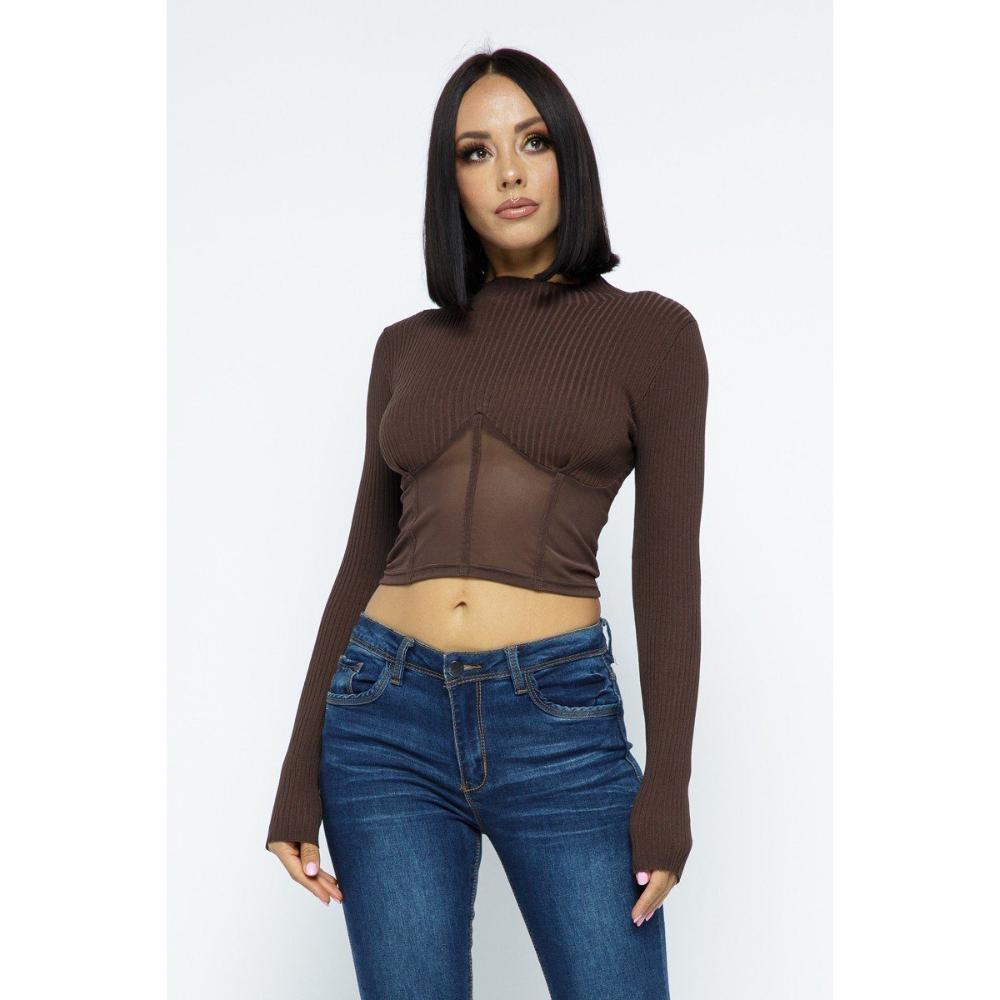 

Вязаный укороченный топ с сетчатой ​​подкладкой снизу FASHNZFAB, цвет chocolate