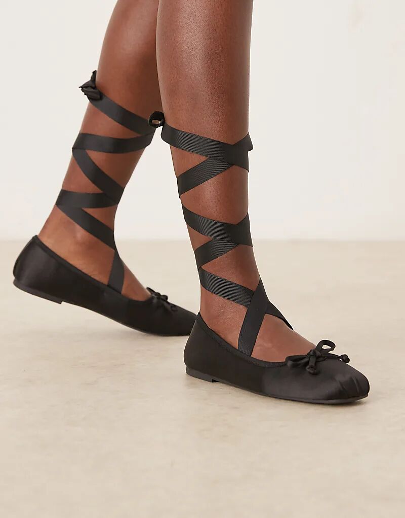 Балетки Lorene с бантом и завязками на ногах из черного атласа от ASOS DESIGN