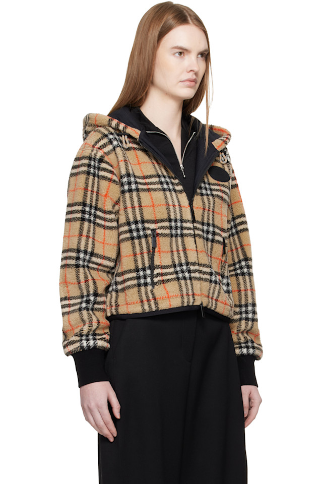 Куртка Burberry, женская, бежевый, клетчатая флисовая, укороченная — фото 2
