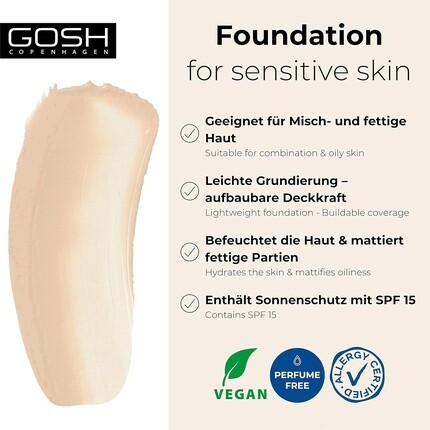 Тональный крем GOSH с SPF 15 для светлой и темной кожи. Веганский матирующий макияж для сухой, чувствительной и жирной кожи. Устойчив к растеканию и поту. Не содержит масел. Регулируемое покрытие. Без эффекта маски. 004Y. — фото 2