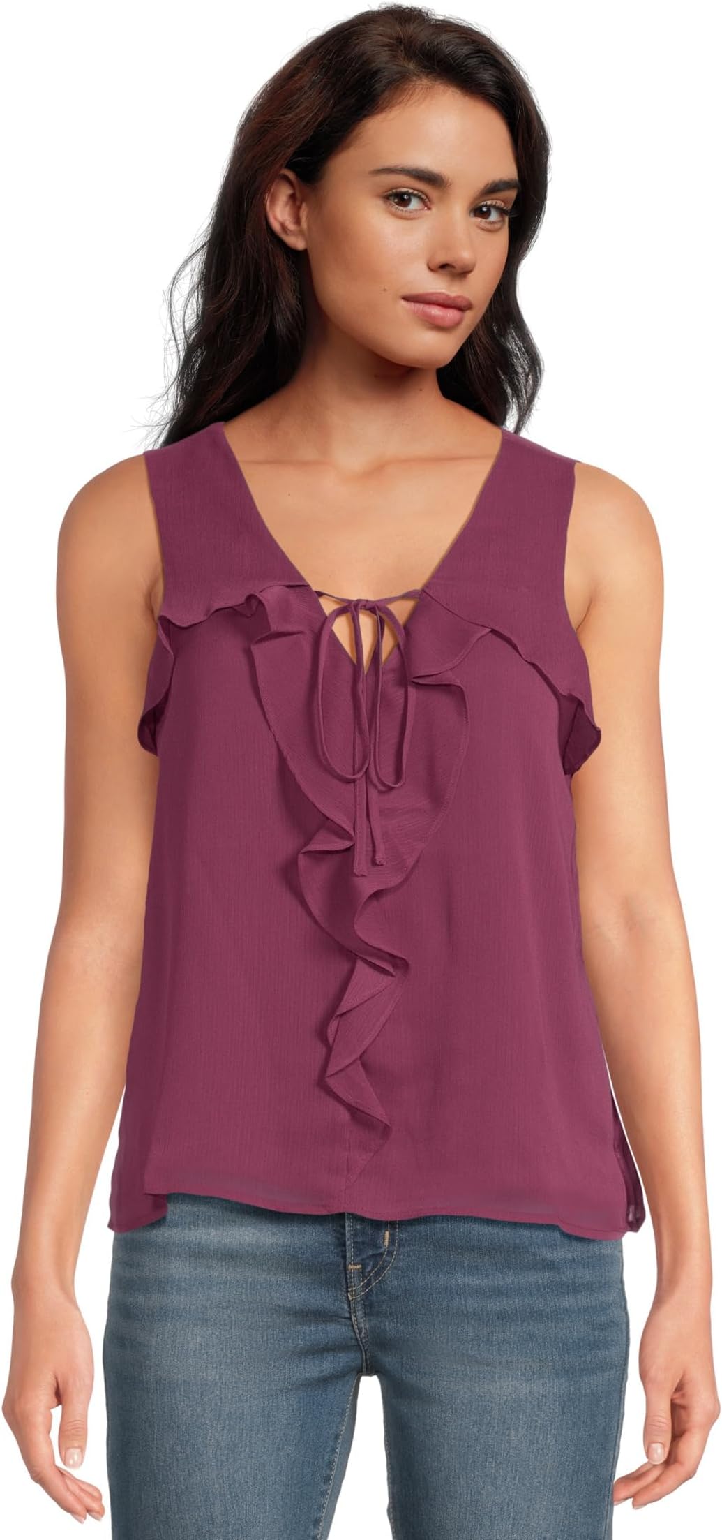 

Блуза Vince Camuto Sleeveless Ruffle V-Neck Blouse, цвет Sweet Plum