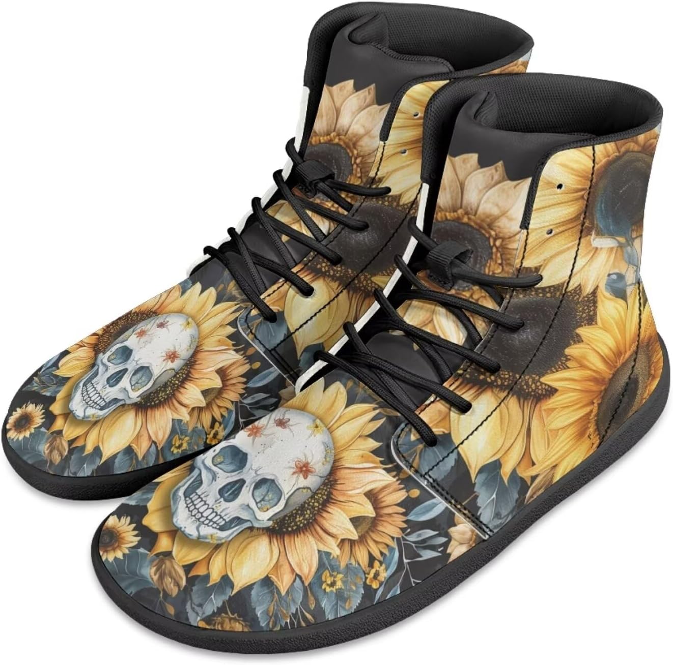 

Мужские кроссовки с высокой посадкой и широким носком Barefoot с черепами и цветочным принтом, шнуровка, противоскользящие, для тренировок и бега Xixirimido, Sunflowers Skull