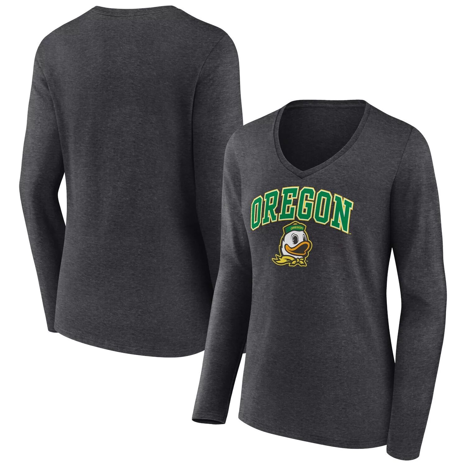 

Женская футболка Fanatics с логотипом Heather Charcoal Oregon Ducks Evergreen Campus и длинным рукавом с v-образным вырезом Fanatics