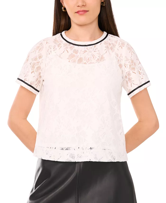 

Женский кружевной топ с круглым вырезом и короткими рукавами Vince Camuto, слоновая кость/кремовый