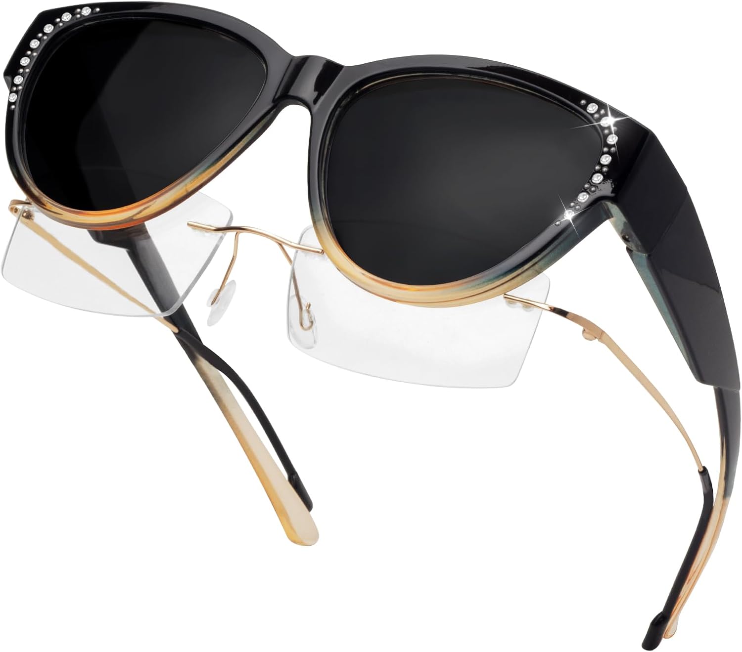 

Солнцезащитные очки с поляризованными линзами и стразами, надеваемые поверх обычных очков, легкие, с защитой от УФ-излучения UV400, для женщин Face Shadow, K7-black-blue Champagne Frame/Grey Lens