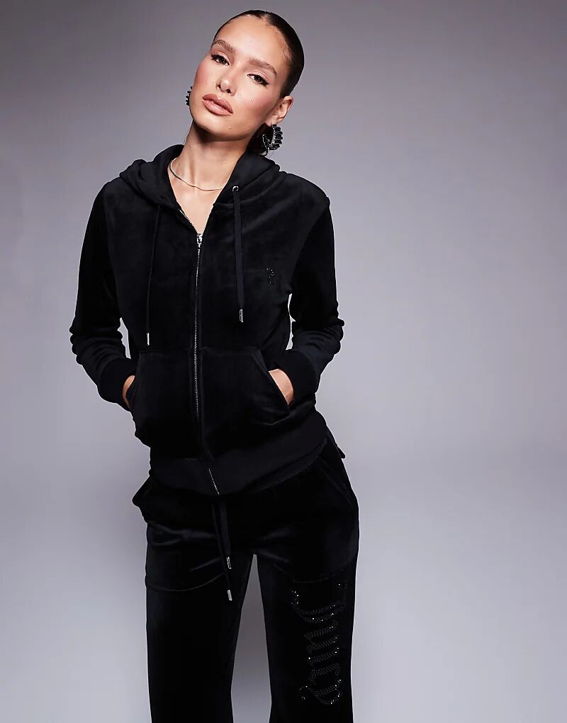 

Худи Juicy Couture из черного велюра на молнии с отделкой бусинами в тон (часть комплекта)