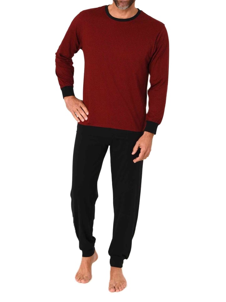 

NORMANN Пижамный комплект с длинными рукавами, манжетами и минималистичным принтом красного цвета