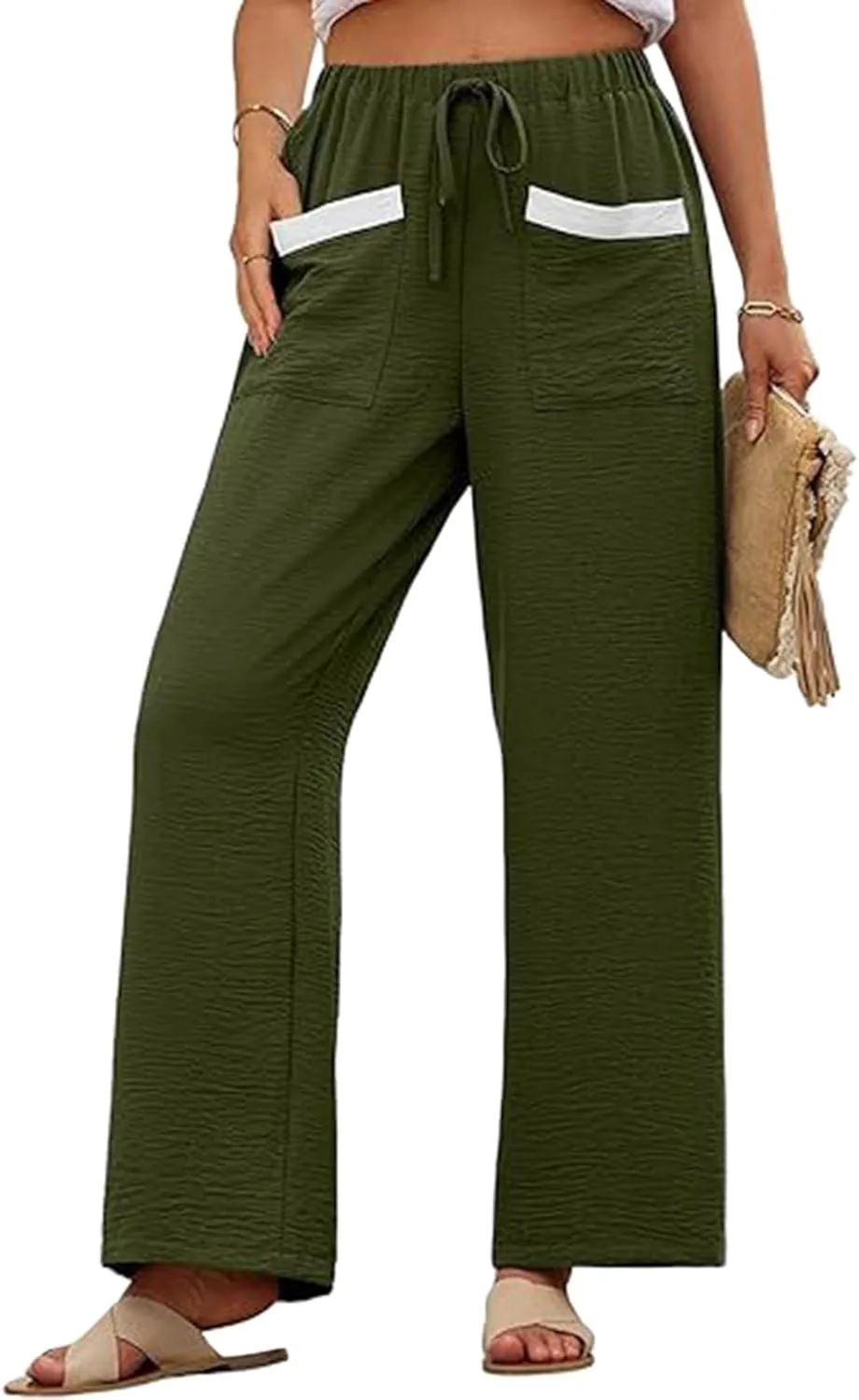 Женские брюки прямого кроя легкие повседневные штаны летние пляжные брюки с высокой посадкой эластичные с карманами Generic, зеленый
