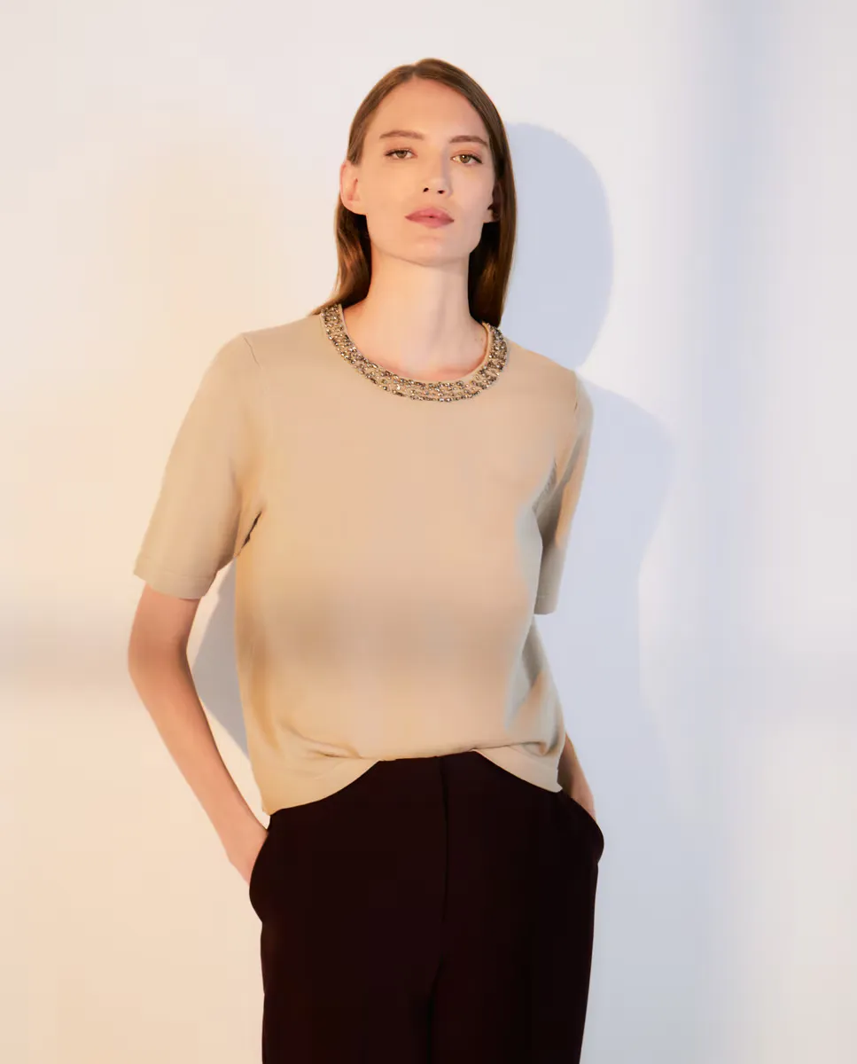 

Женский свитер с короткими рукавами и круглым вырезом Woman El Corte Inglés, цвет Visón Claro