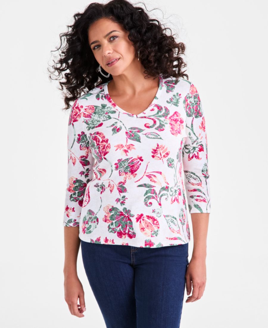 

Женская трикотажная блузка с принтом, рукавами 3/4 и V-образным вырезом Style & Co, Bright White Combo