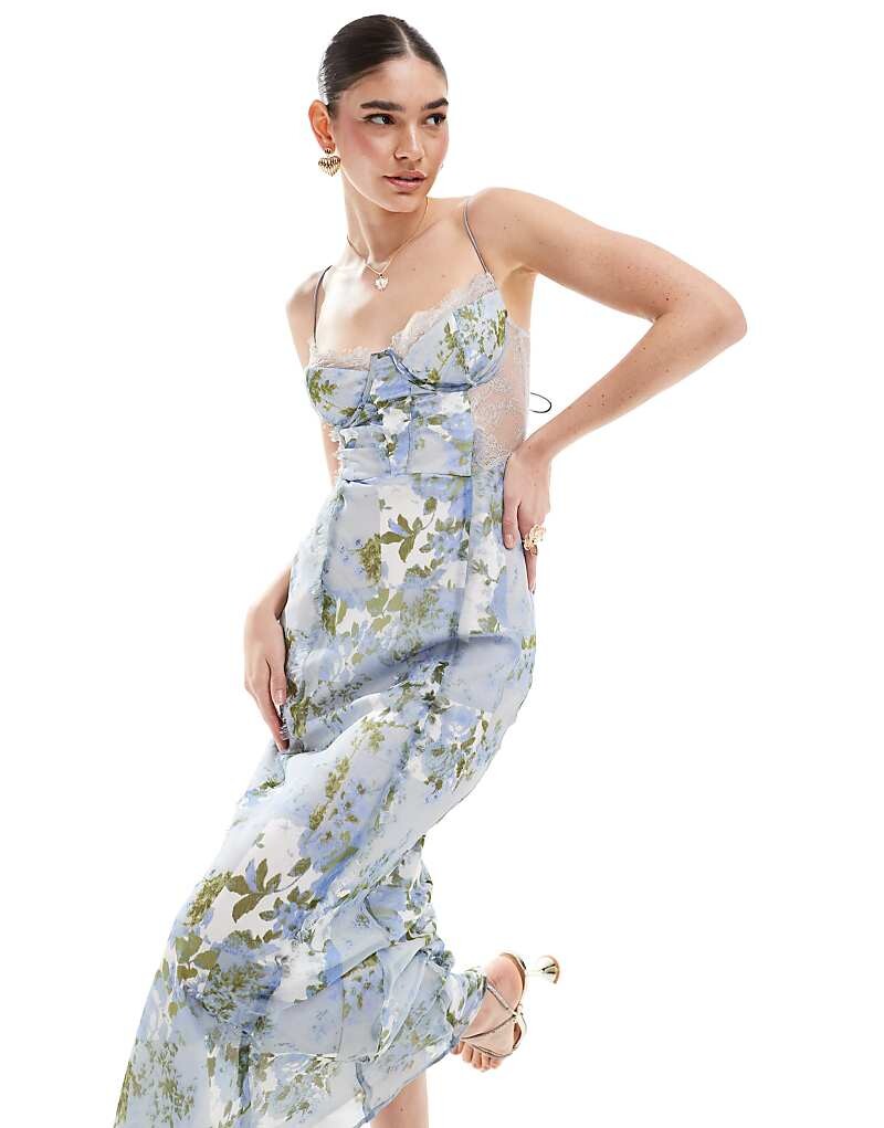 

ASOS DESIGN – Винтажное корсетное платье миди с открытыми плечами и кружевными вставками с цветочным принтом