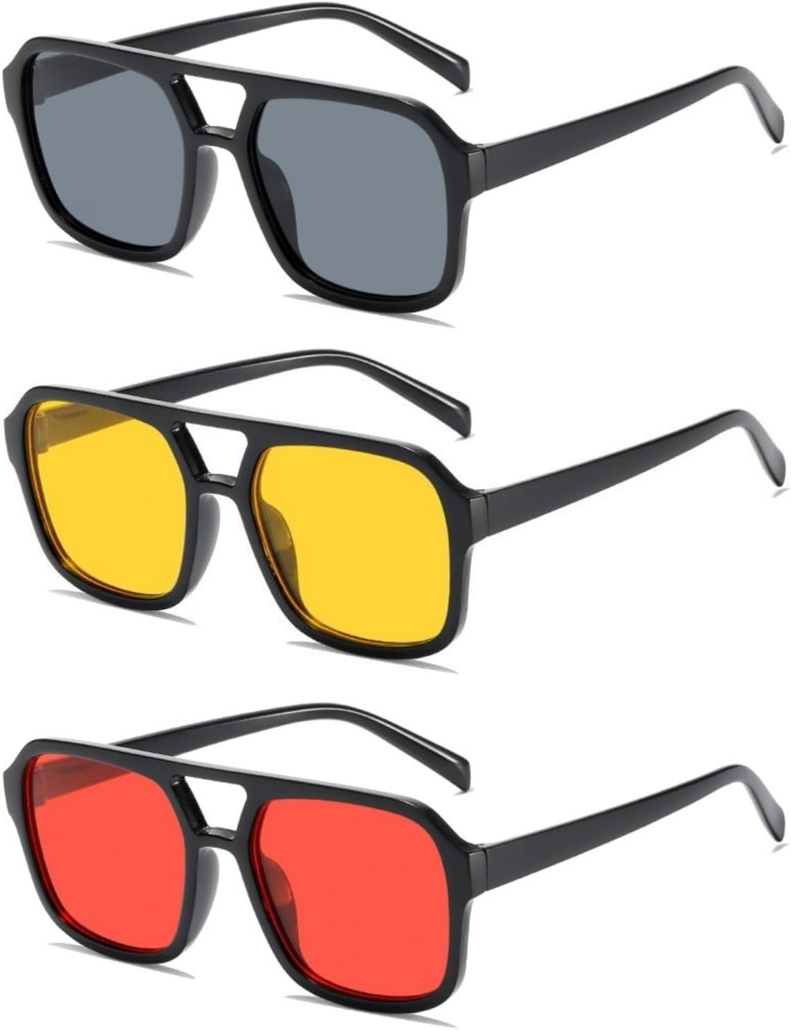 

Ретро-солнцезащитные очки-авиаторы квадратной формы в стиле 70-х годов для женщин и мужчин, винтажные прямоугольные солнцезащитные очки в плоской оправе, модные очки IKUVNA, 3 Pack Black+yellow+red