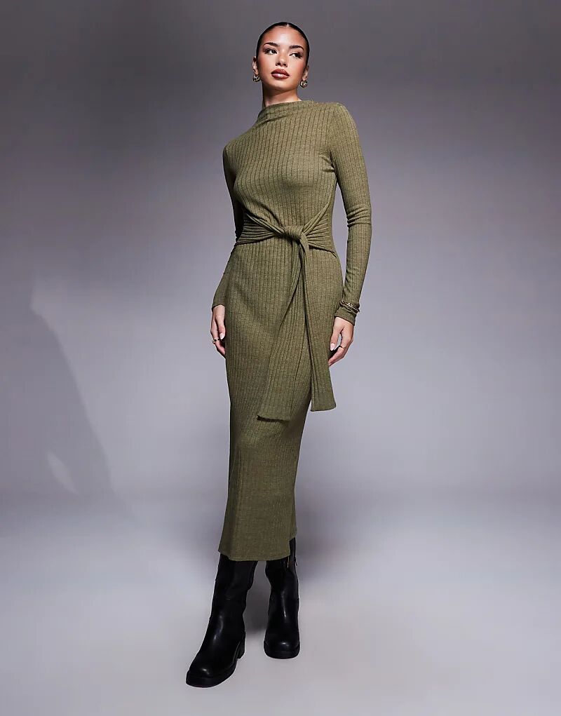 

Платье миди ASOS DESIGN цвета хаки с длинными рукавами, высоким воротом и завязкой спереди