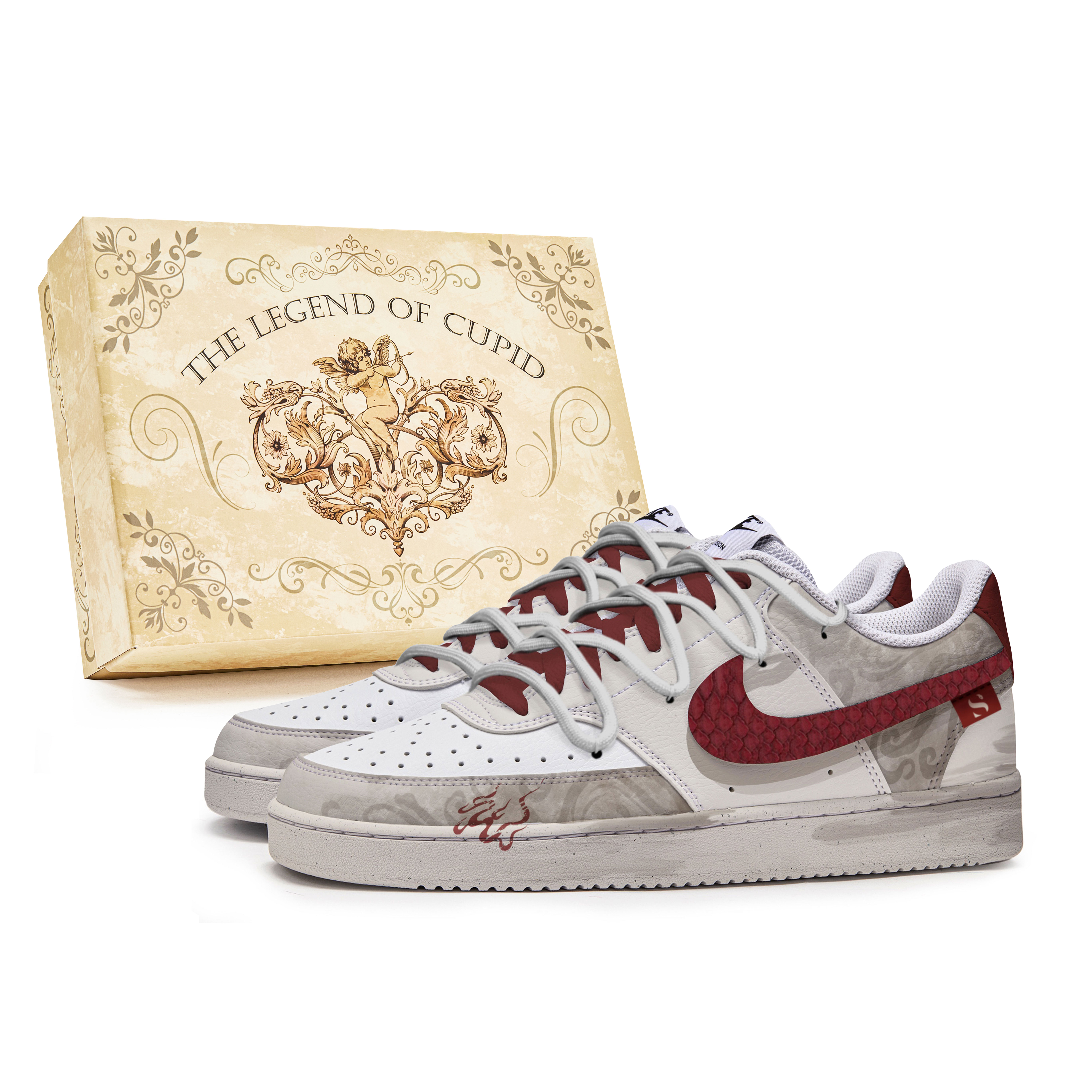 

Nike Кроссовки Court Vision PMS Box, Crimson Flame Serpent, нескользящие, водонепроницаемые, низкие, для скейтбординга, мужские, коричневые, белые