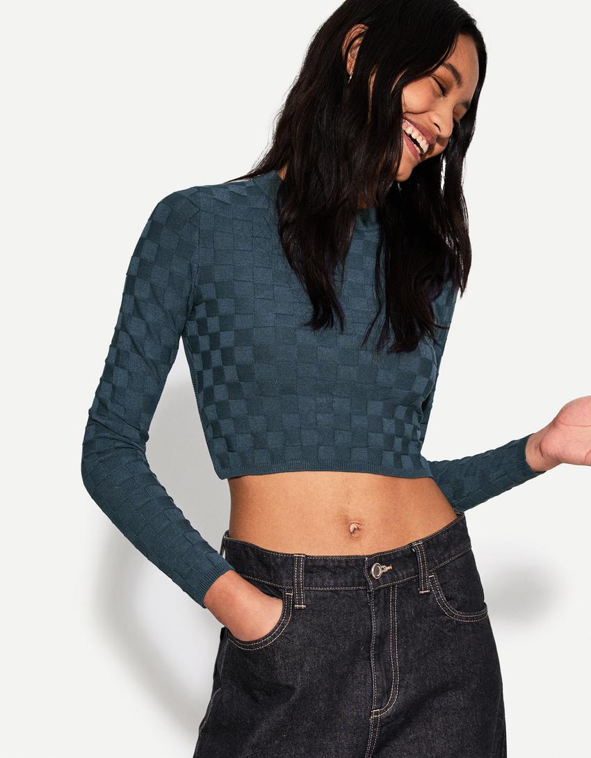 

Фактурный клетчатый свитер Bershka, синий
