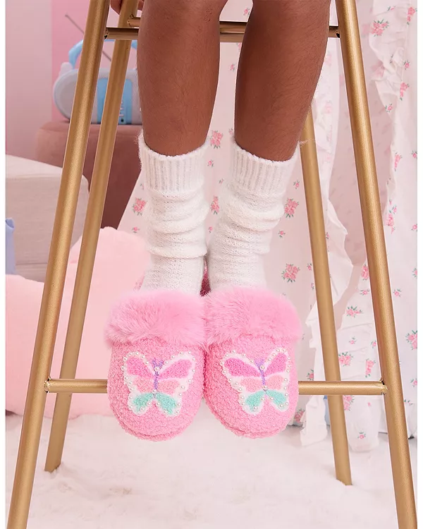 Детские плюшевые тапочки с бабочками и жемчугом. Omg Accessories, розовый — фото 2