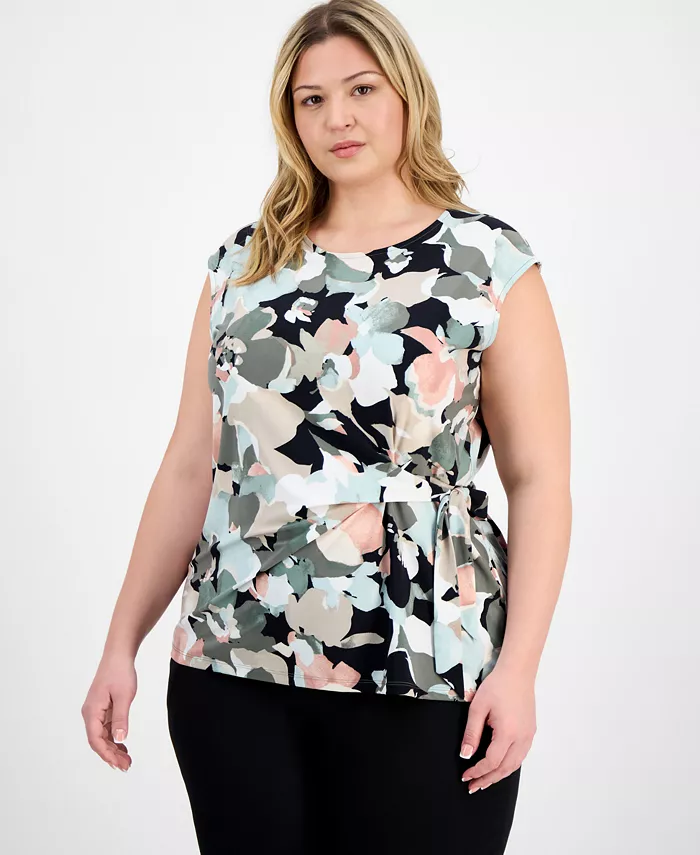 

Топ размера плюс с цветочным принтом и завязками по бокам Kasper, черный