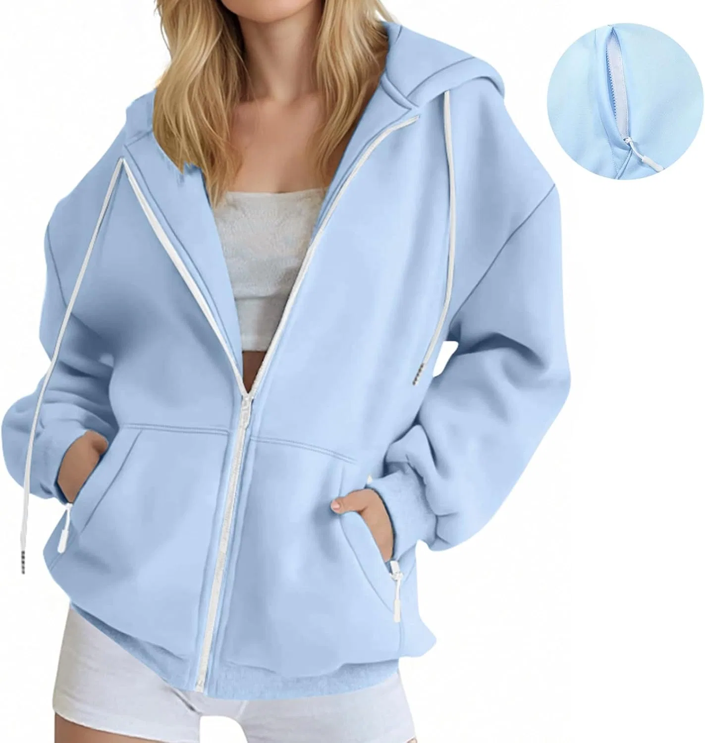 Женская флисовая куртка с капюшоном на молнии, оверсайз, 04-light Blue — фото 3