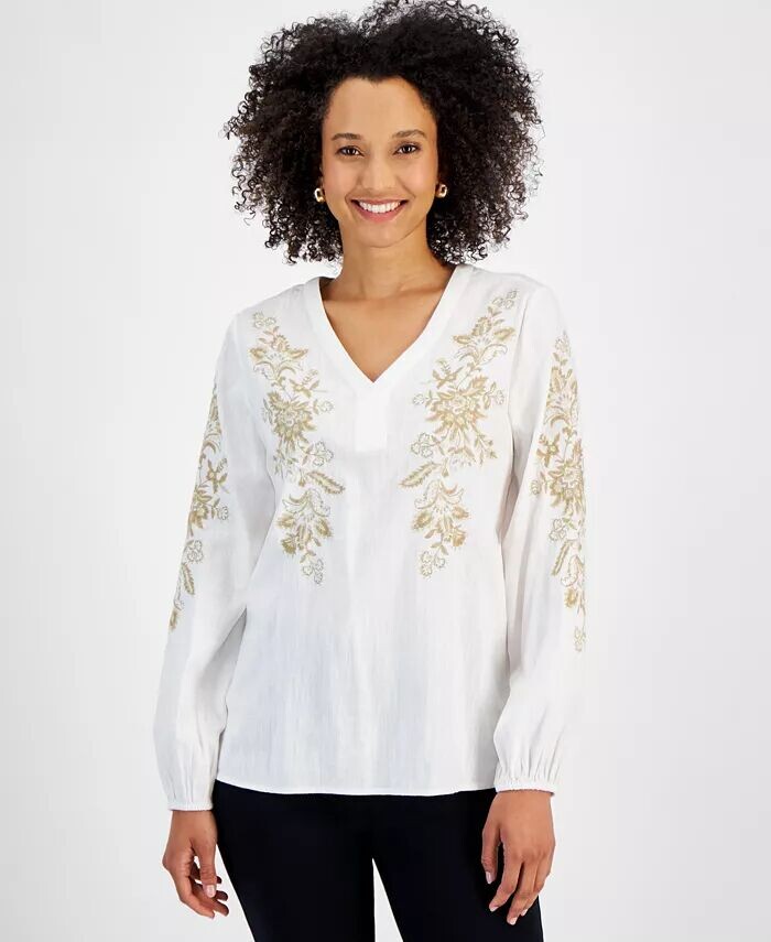 

Топ Petite с длинными рукавами и золотой вышивкой JM Collection, белый