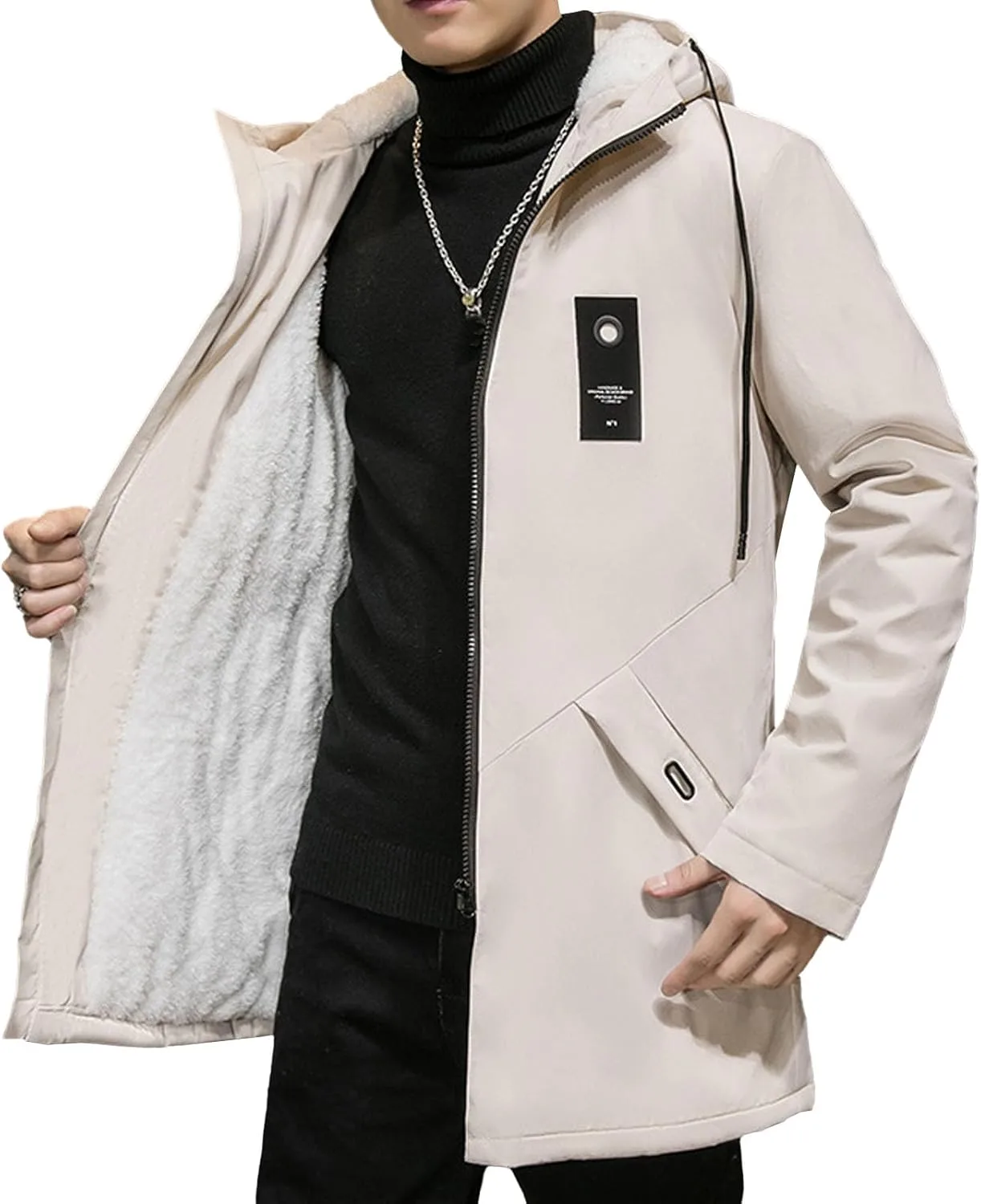Мужская флисовая длинная теплая парка с регулируемым капюшоном, куртка для горных лыж, утепленная пуховая куртка для мужчин Generic, бежевый — фото 2