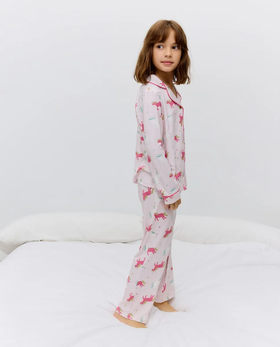 

Полный длинный пижамный комплект для девочки с принтом фантазийного единорога Cotton Juice, розовый