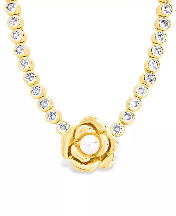 

Теннисное ожерелье с цветком из искусственного жемчуга Роза и кубическим цирконием Sterling Forever, gold
