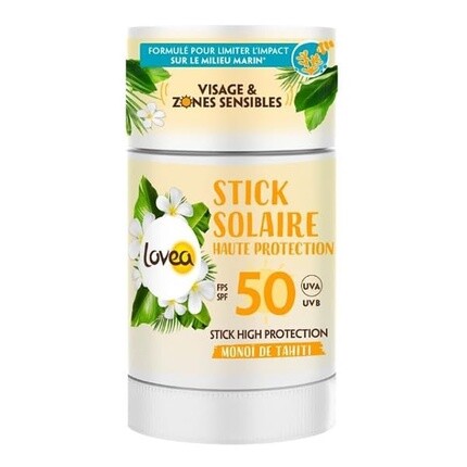 

LOVEA Sun Stick SPF 50 Высокая защита для лица и чувствительных зон Monoï de Tahiti Защита от UVA/UVB невидимая и водонепроницаемая веганская продукция, сделано во Франции, 40 г