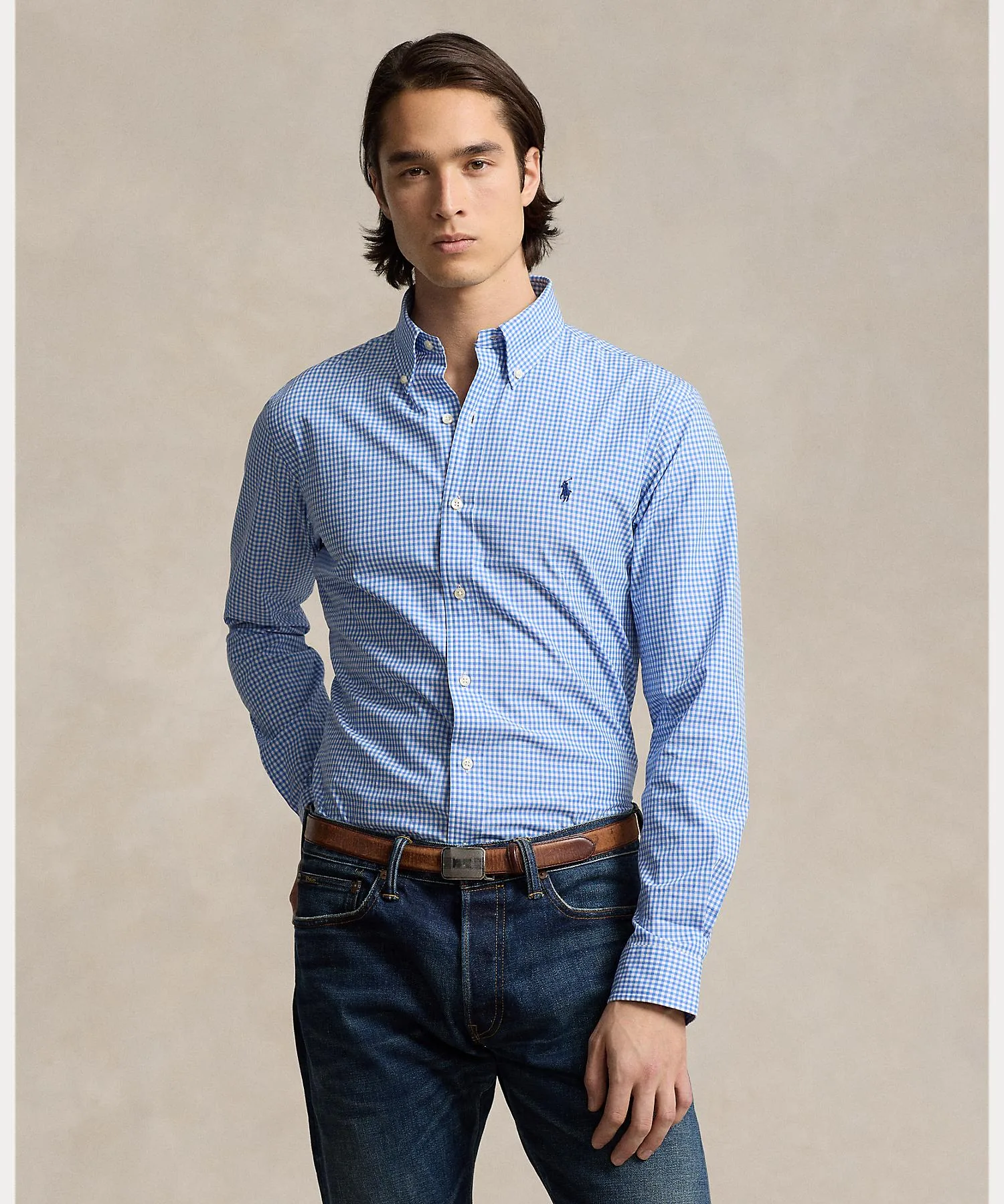 Мужская рубашка классического кроя из хлопка с эластаном Polo Ralph Lauren Classic Fit Check синяя
