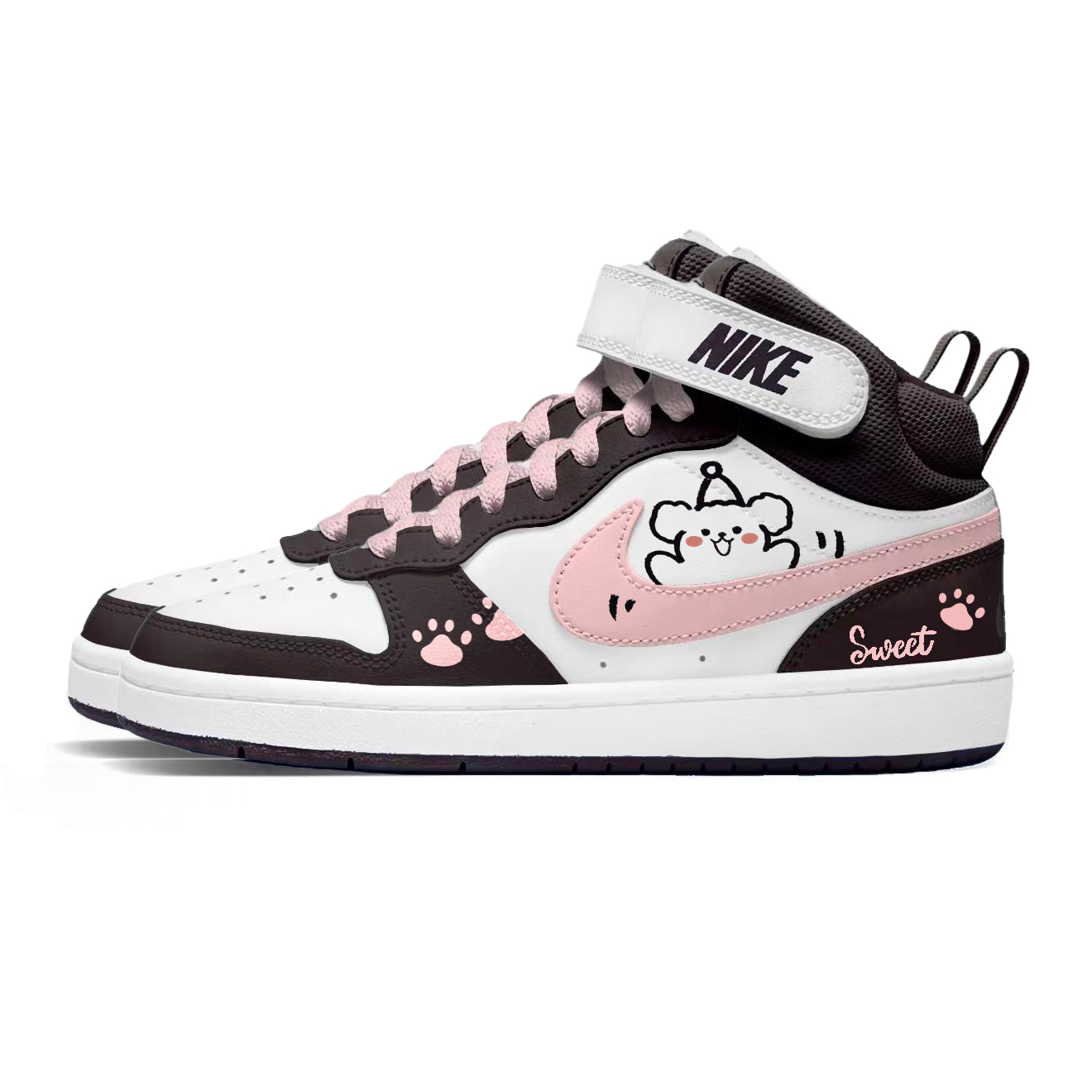 Nike Детские высокие скейтбордистские кроссовки Court Borough 2 Puppy Love из кожи, нескользящие и износостойкие, черные с розовым принтом — фото 4